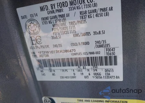 2014 Ford F-150 Xlt z USA, uszkodzony, nr VIN 1FTFW1EF3EKD86470